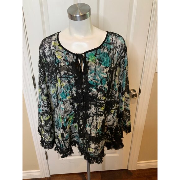 Alberto Makali Black, Blue & Yellow Knit Poncho Fringe Trim, NWT! Size Large - Picture 1 of 5